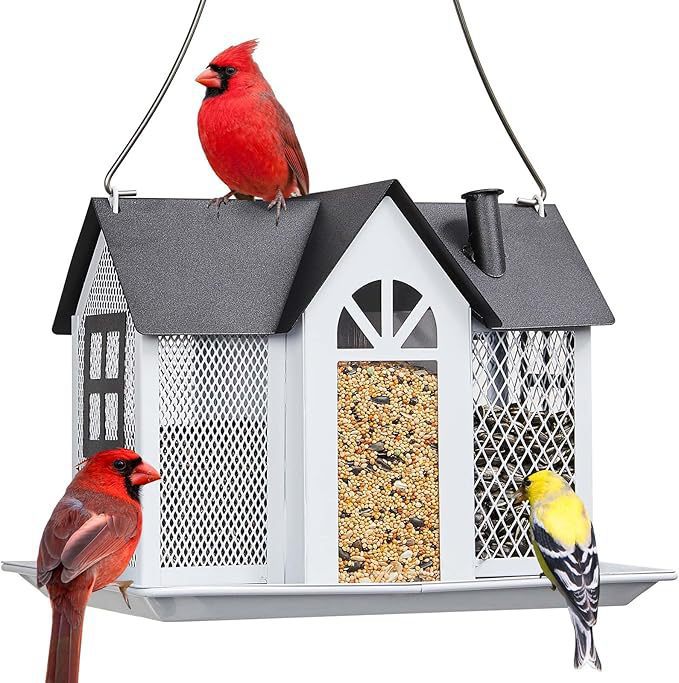 Hanging bird feeder in house shape with chain