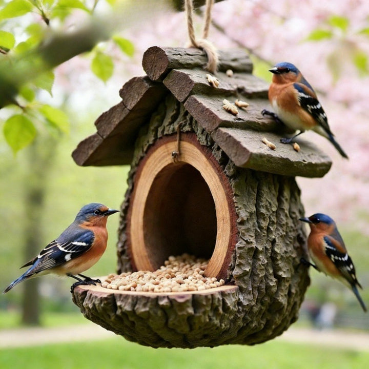 Creative bird bath in log design made of synthetic resin