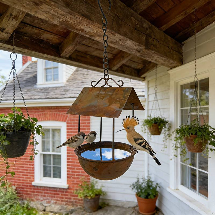 Hanging birdhouse made of iron in rust look