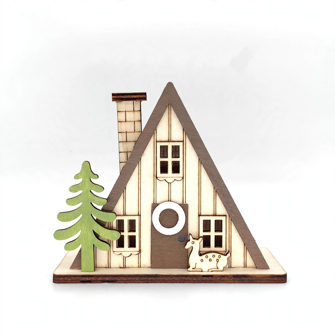 Illuminated wooden house in triangular shape