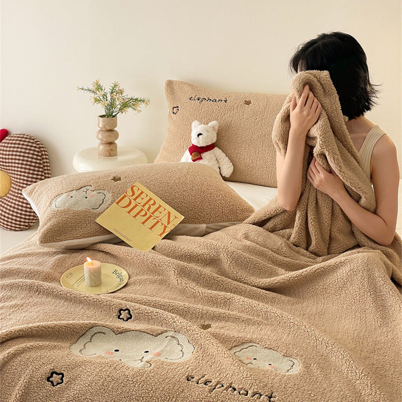 Double-sided lamb fleece blanket with cartoon print