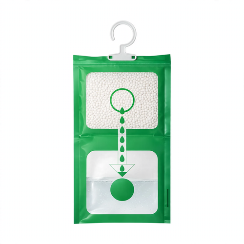 Hanging dehumidifier bag for cabinets and rooms