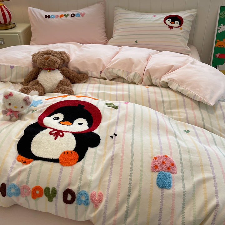 Cotton bedding set with cartoon embroidery