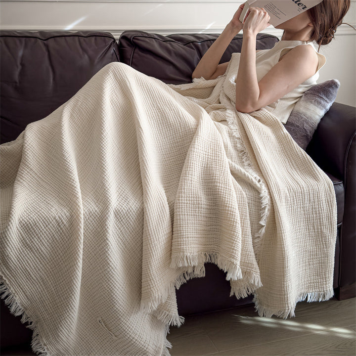 Cotton gauze blanket with tassels, four-layered