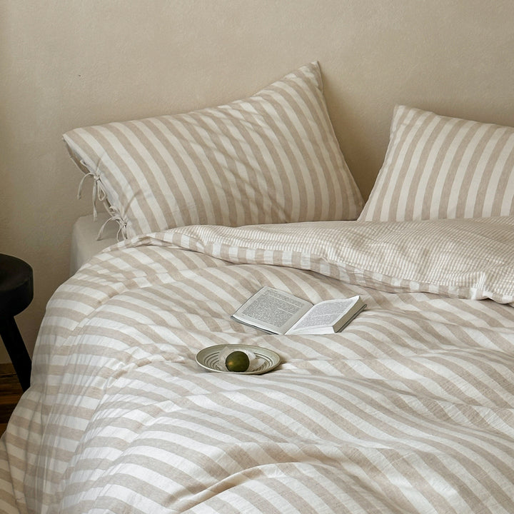Bedding set cotton-linen, 4-piece, stripes, modern
