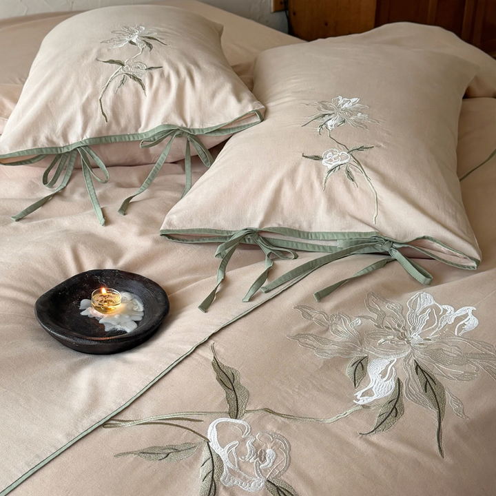 Embroidered cotton-linen bed linen, 4-piece