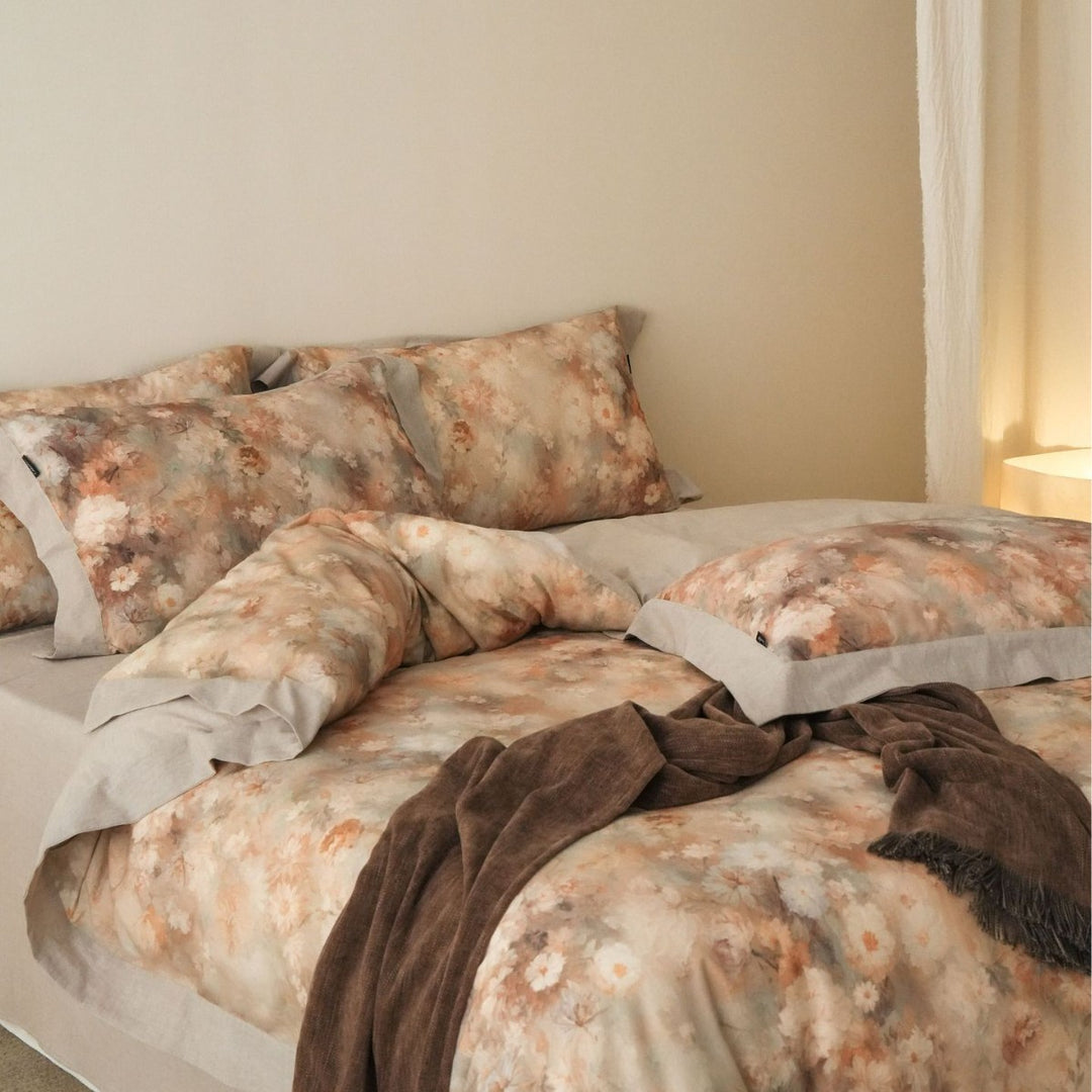 Bedding set cotton-linen, 4-piece, floral pattern, vintage