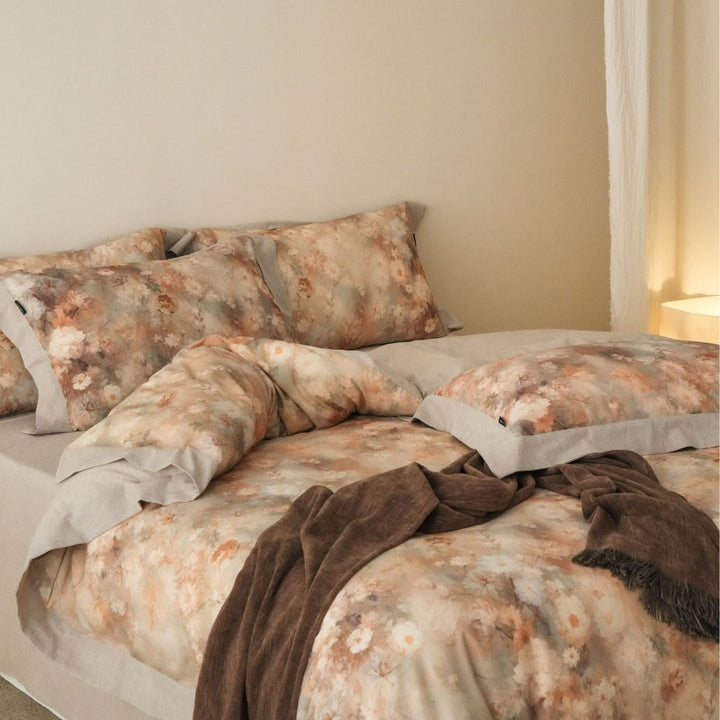 Bedding set cotton-linen, 4-piece, floral pattern, vintage