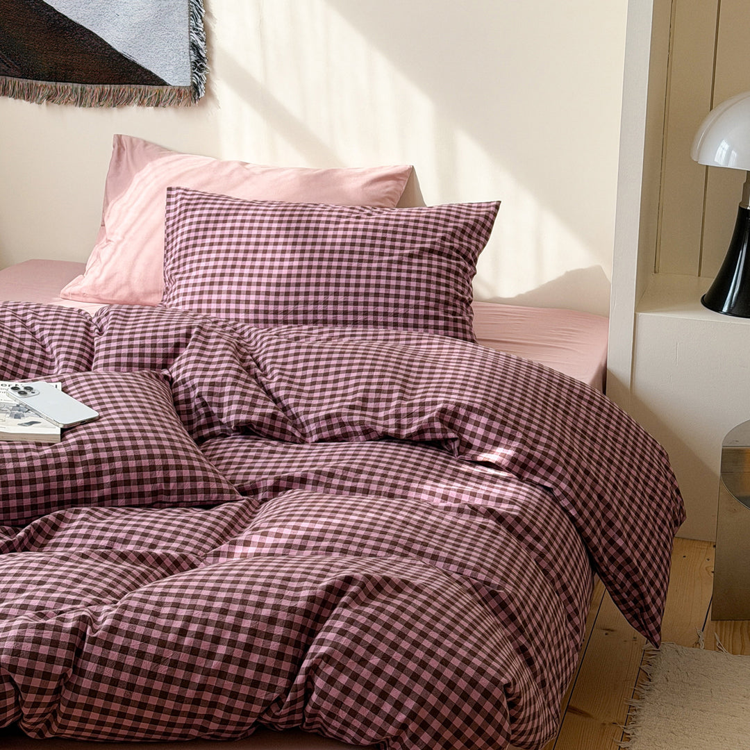 Washed cotton bedding, 4-piece, checkered