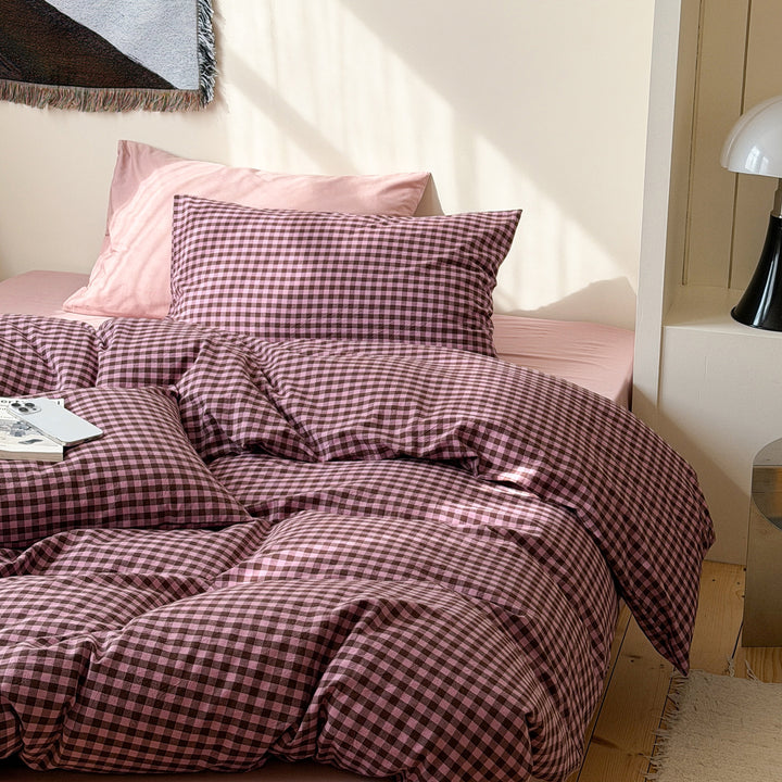 Washed cotton bedding, 4-piece, checkered