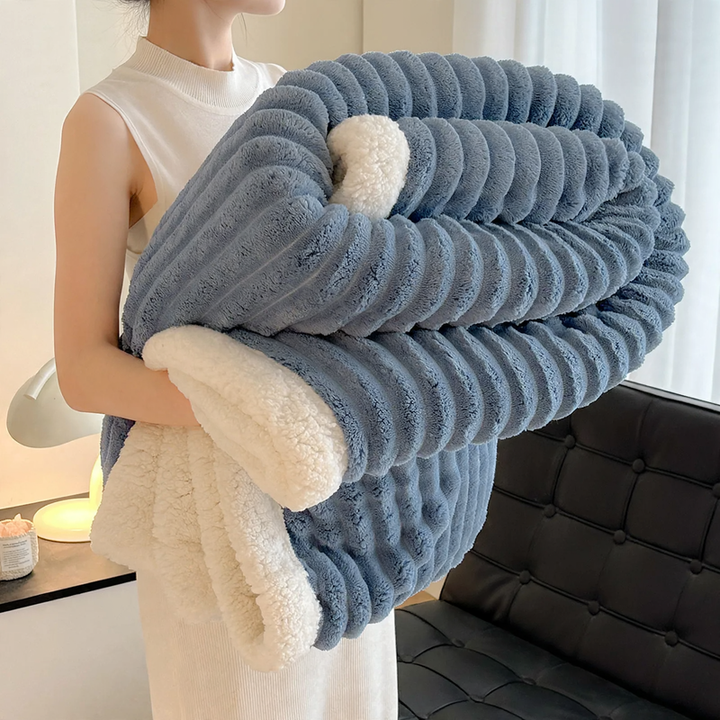 Double-layered, striped lamb fleece blanket