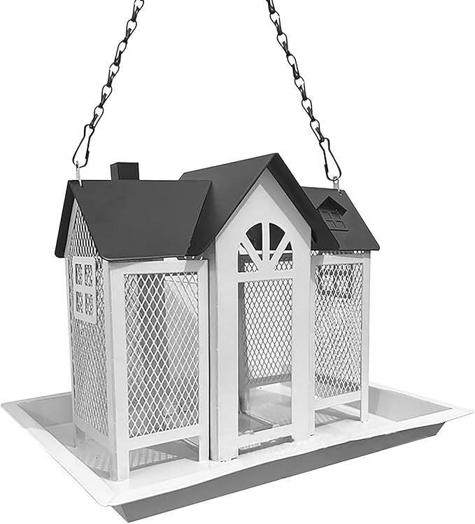 Hanging bird feeder in house shape with chain