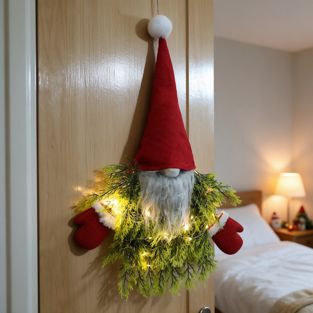 Illuminated Christmas wreath with gnome motif