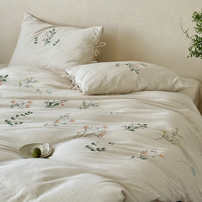 Linen-Cotton-Bedding-Set, embroidered, 4-piece