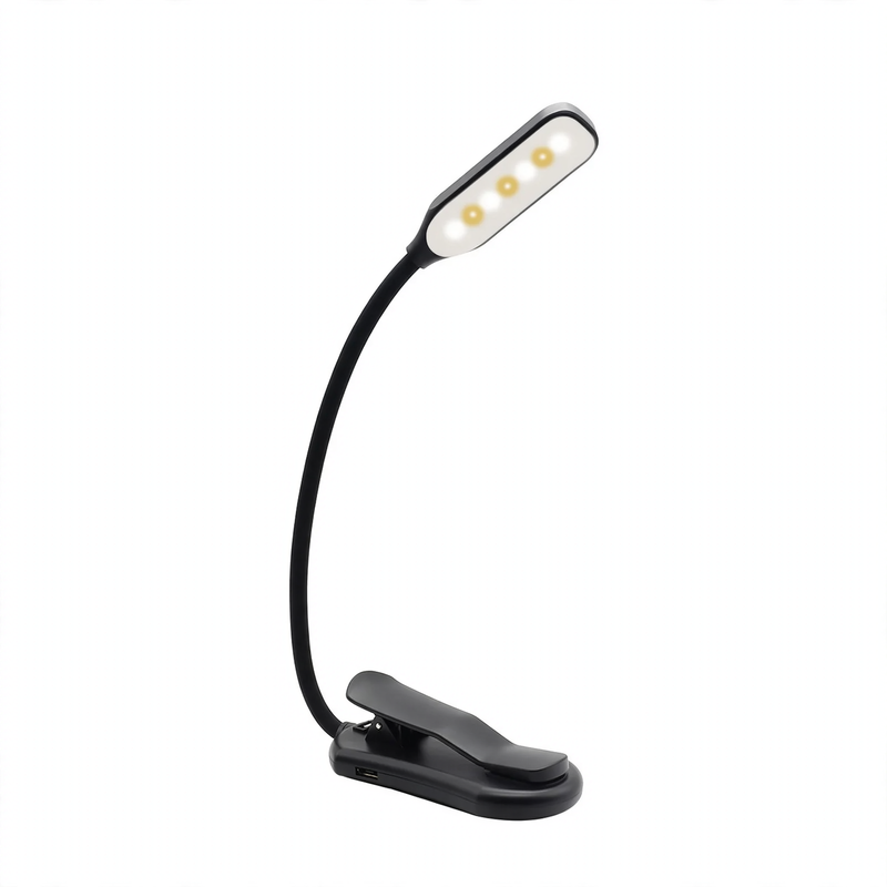 Compact LED reading lamp with clip, dimmable