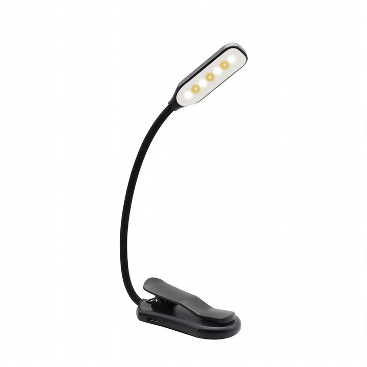 Compact LED reading lamp with clip, dimmable