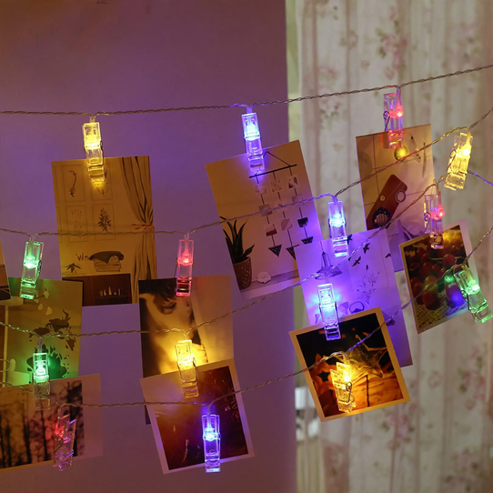 LED string lights with photo clips, battery-operated