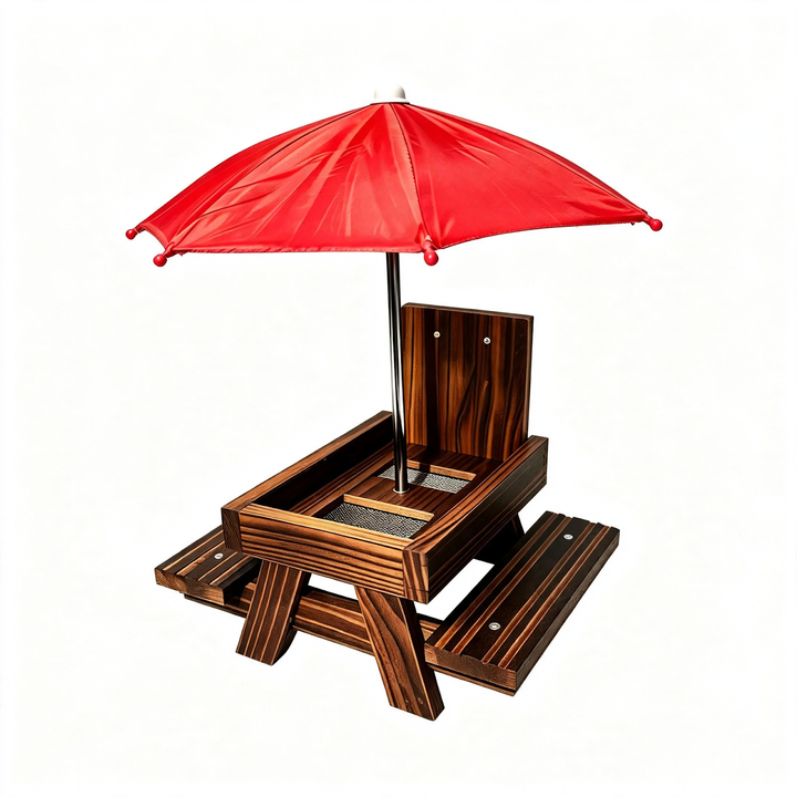 Pine wood squirrel feeding table with umbrella