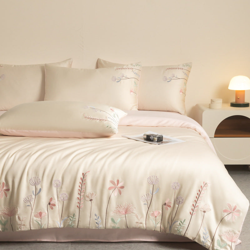 Lyocell bedding set, 4-piece, embroidered