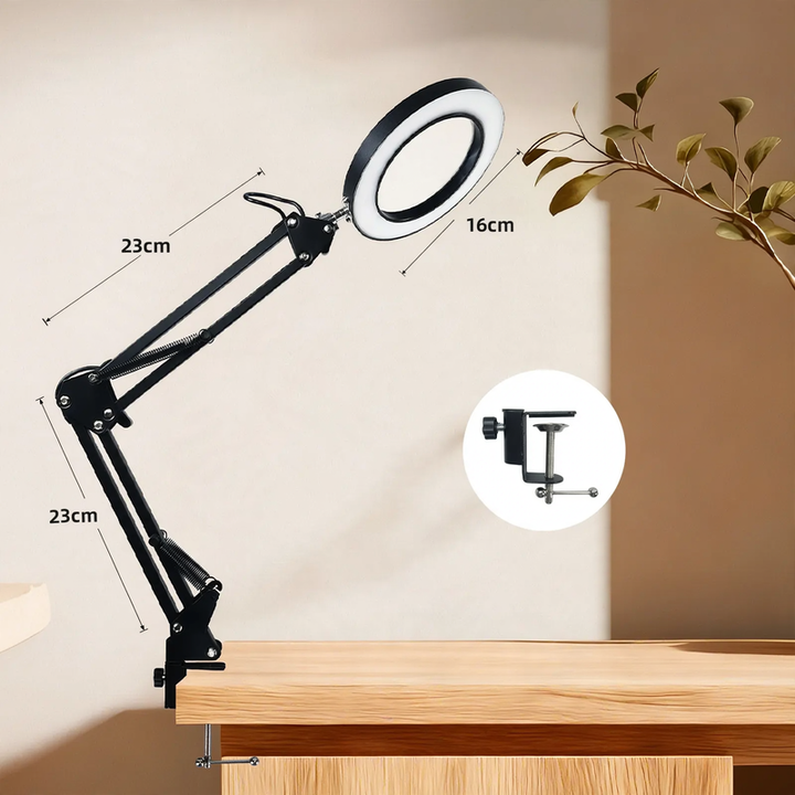 LED work lamp with long articulated arm and eye protection