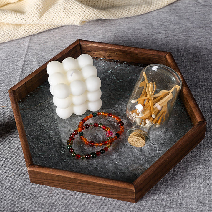 Wood glass tray with hawthorn pattern, European