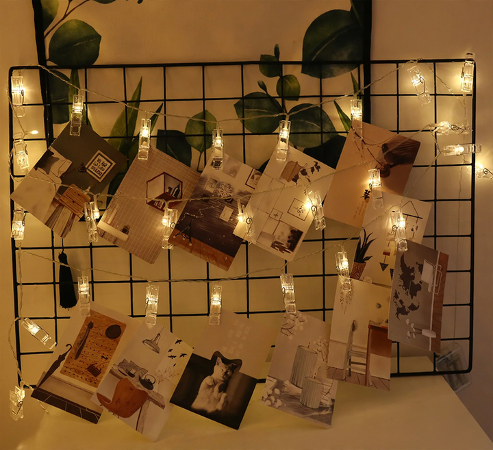 LED string lights with photo clips, battery-operated