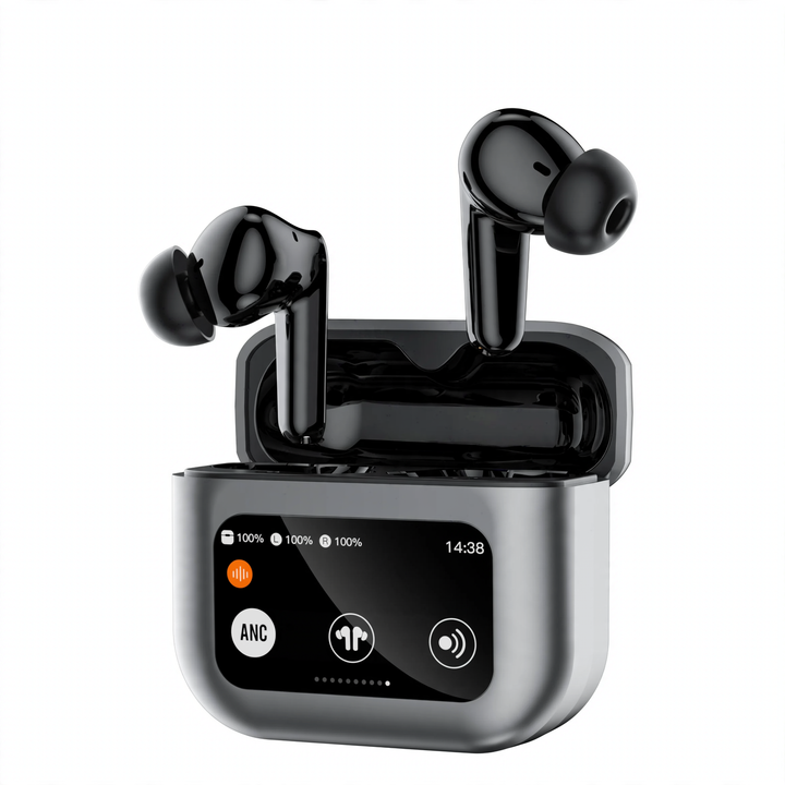 Bluetooth headphones with color touchscreen and noise cancellation
