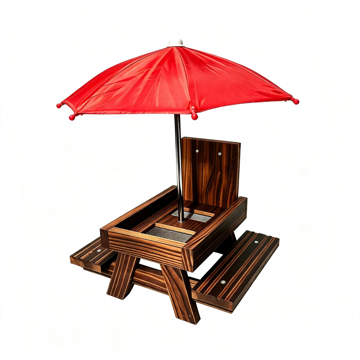 Pine wood squirrel feeding table with umbrella