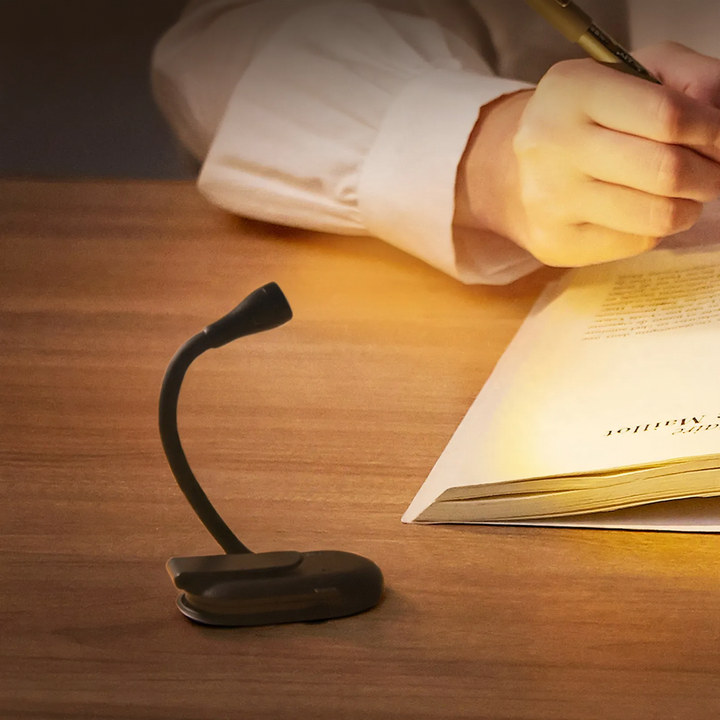 Compact LED clip lamp for nightstand and travel