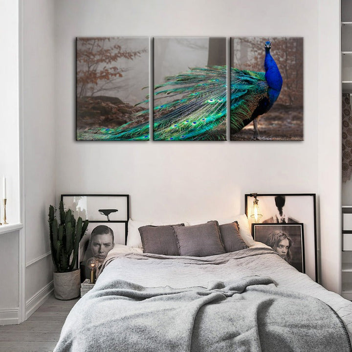 Vivid Peacock By The Pond-Canvas Wall Art Painting 3 Pieces | Bowlift