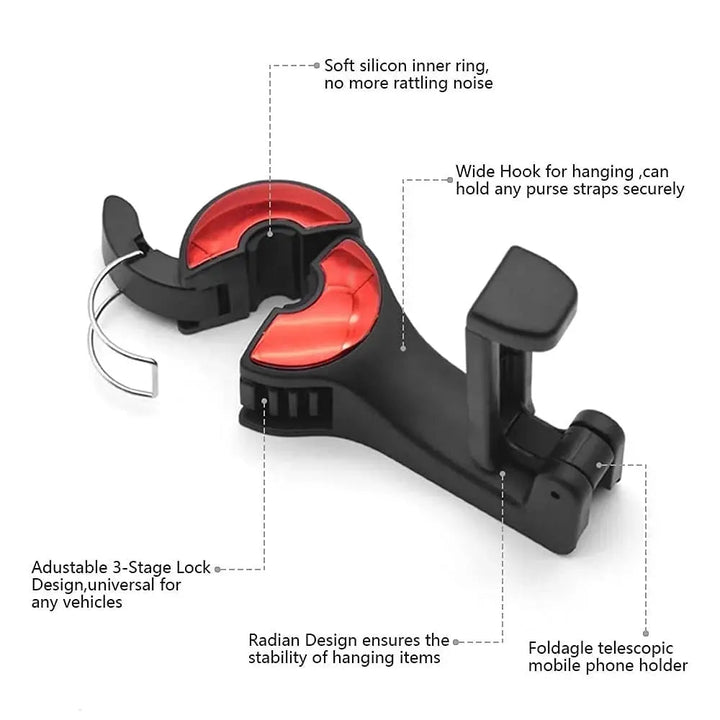 BowLift | 2-in-1 Car Headrest Hooks – Holds Bags & Serves as Smartphone Holder