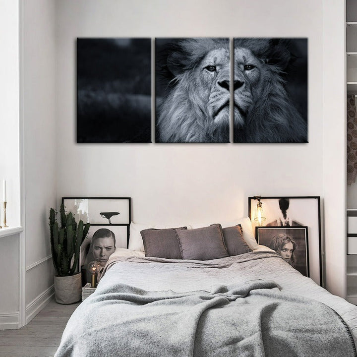 Grayscale Concerned Lion-Canvas Wall Art Painting 3 Pieces | Bowlift
