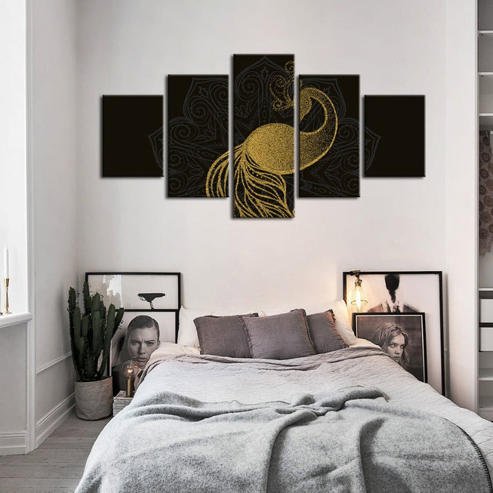 5 Piece Abstract Golden Mandala Peacock - Canvas Wall Art Painting | Bowlift