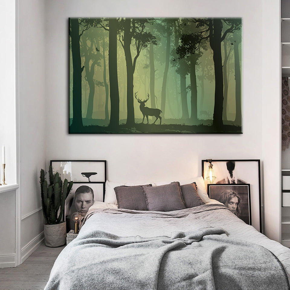 Enchanted Green Toned Silhouetted Deer - Canvas Wall Art Painting | Bowlift