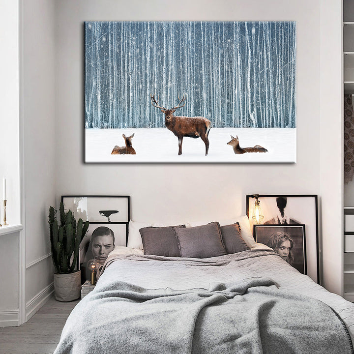 Two Does And A Deer In Winter - Canvas Wall Art Painting | Bowlift