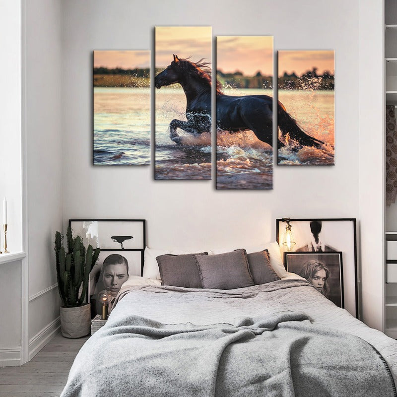 4 Piece Running Horse in Water - Canvas Wall Art Painting | Bowlift