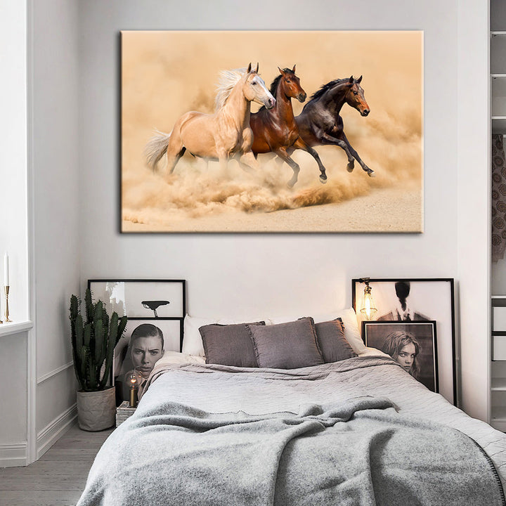 Three Running Horses in Desert - Canvas Wall Art Painting | Bowlift