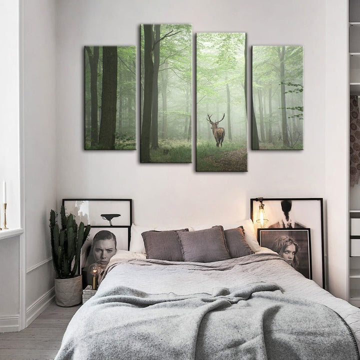 4 Piece Misty Mystical Deer in the Woods - Canvas Wall Art Painting | Bowlift