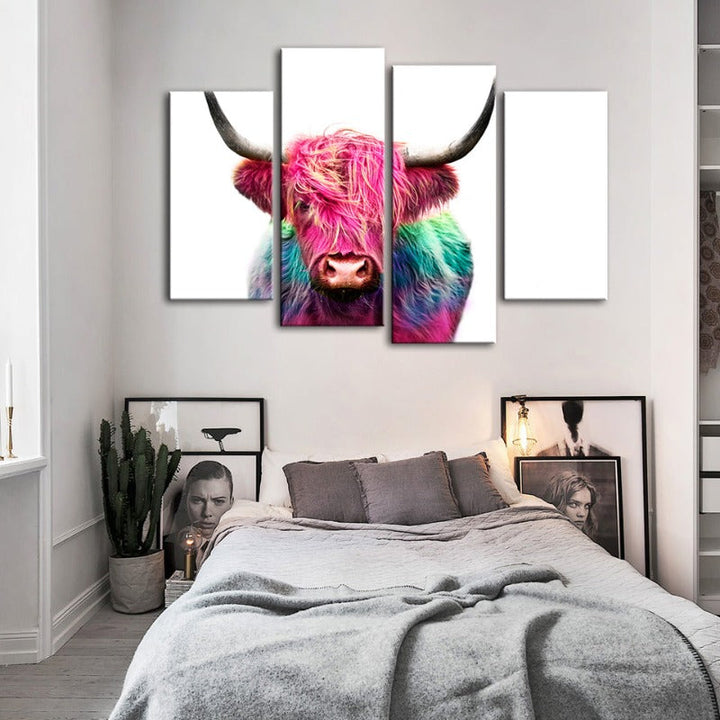 4 Piece Colorful Pink Cow - Canvas Wall Art Painting | Bowlift