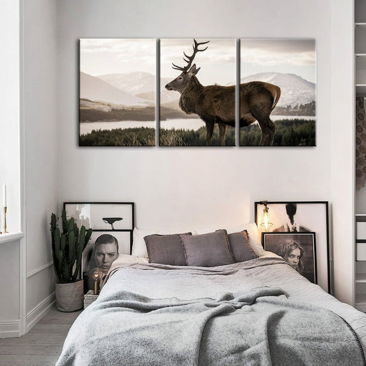 Somber Winter Deer-Canvas Wall Art Painting 3 Pieces | Bowlift
