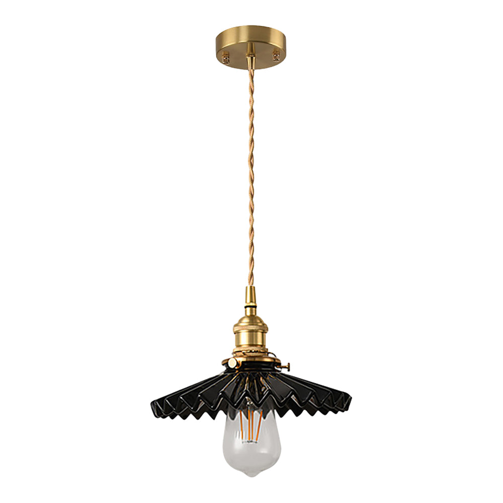 Vintage ceramic pendant lamp with pleated design – brass LED pendant light for dining room and living room | Bowlift