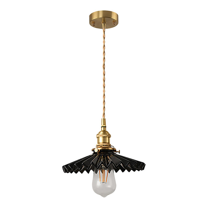 Vintage ceramic pendant lamp with pleated design – brass LED pendant light for dining room and living room | Bowlift