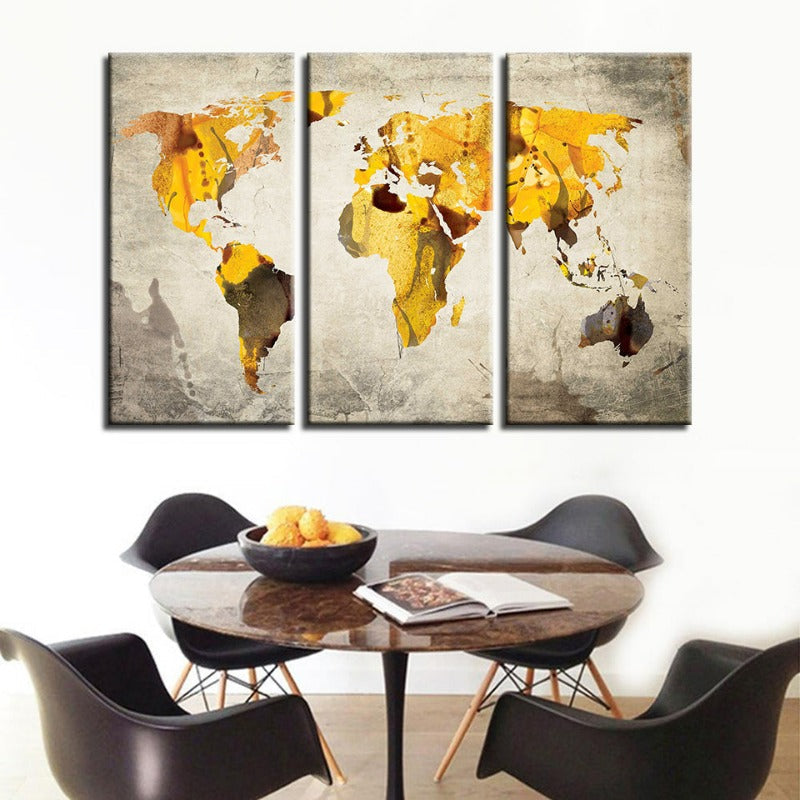 Yellow Classic World Map-Canvas Wall Art Painting 3 Pieces | Bowlift