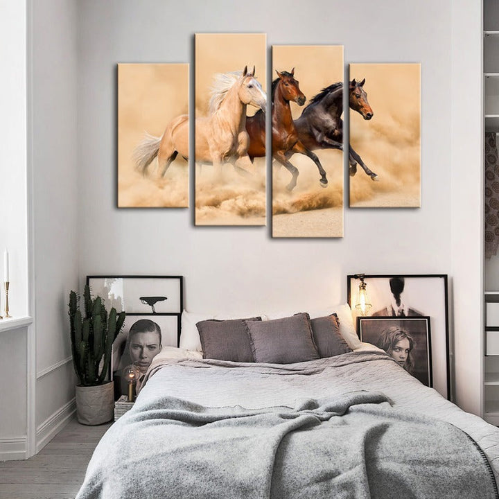 4 Piece Three Running Horses in Desert - Canvas Wall Art Painting | Bowlift