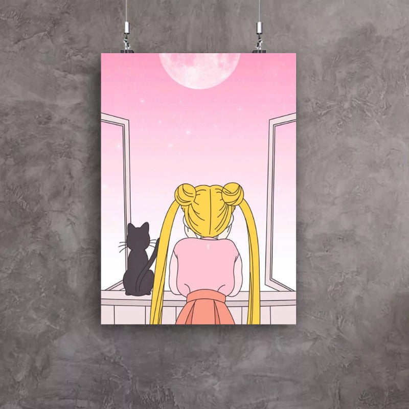 Girl And Her Moon Cat - Canvas Wall Art Painting | Bowlift