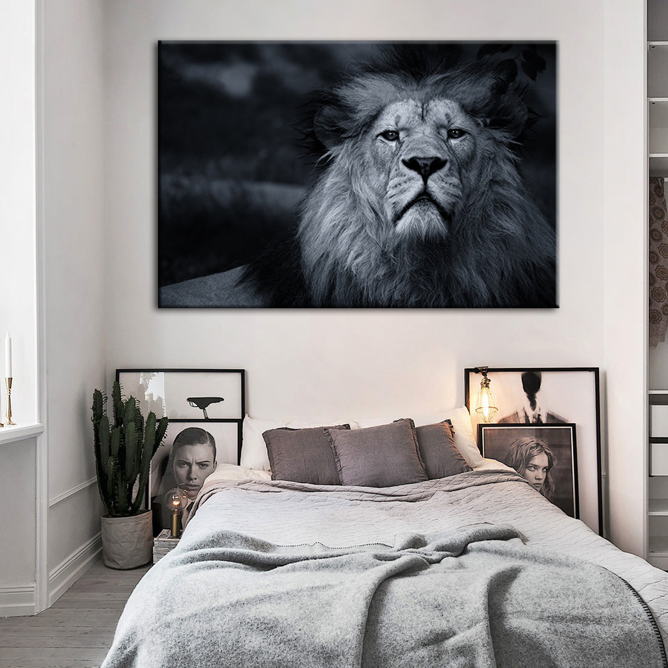 Grayscale Concerned Lion - Canvas Wall Art Painting | Bowlift