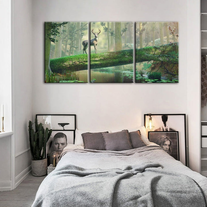 Enchanted Forest Deer-Canvas Wall Art Painting 3 Pieces | Bowlift