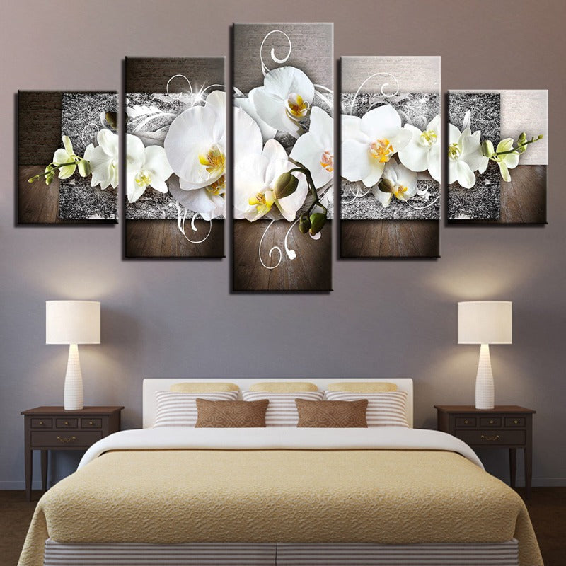 5 Piece Silver Background White Flower - Canvas Wall Art Painting | Bowlift