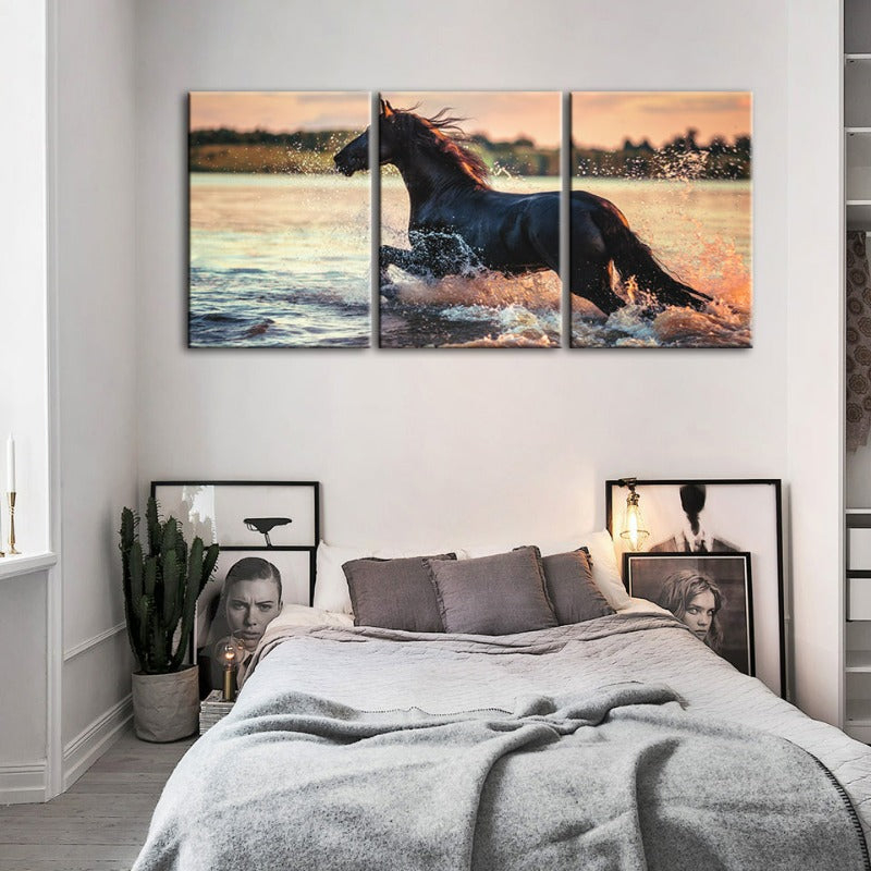 Running Horse In Water-Canvas Wall Art Painting 3 Pieces | Bowlift