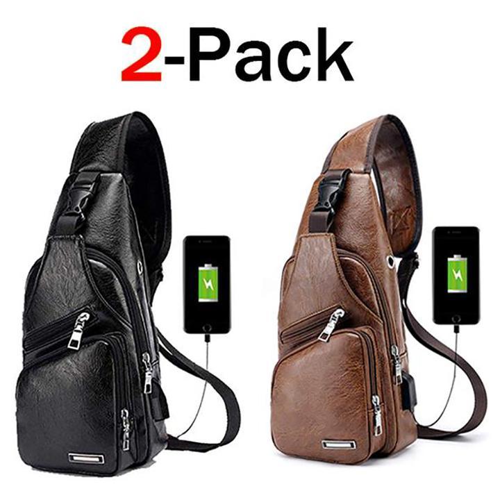 BowLift | Large Men's Leather Bag Chest Backpack Waterproof Crossbody Bag with USB